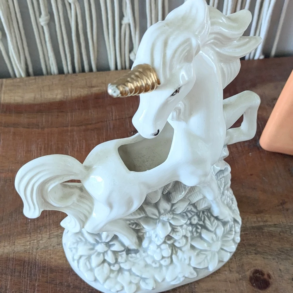 Vintage Ceramic Unicorn Planter | 9” Tall, Gold Horn, White Horse Figurine Boho